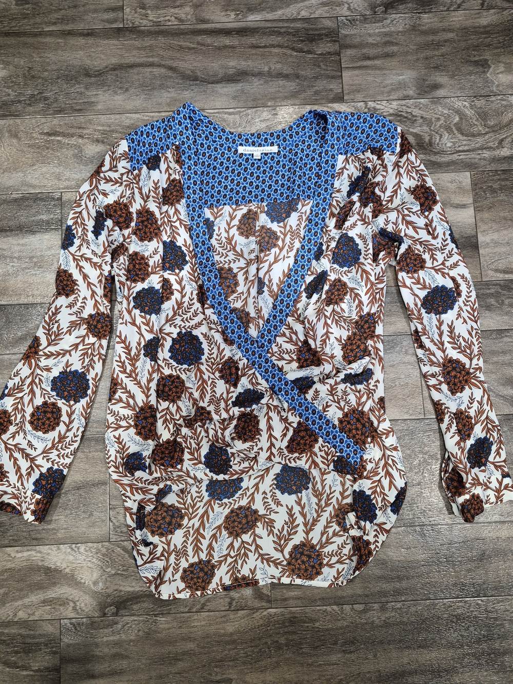 Blue & Brown Floral Wrap-Style Women's Top